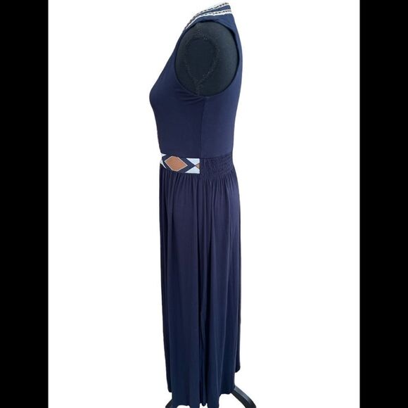 Eliane Rose Navy Blue Jersey Knit Maxi Dress With Abstract Ribbon Trim, Size S - Picture 3 of 6